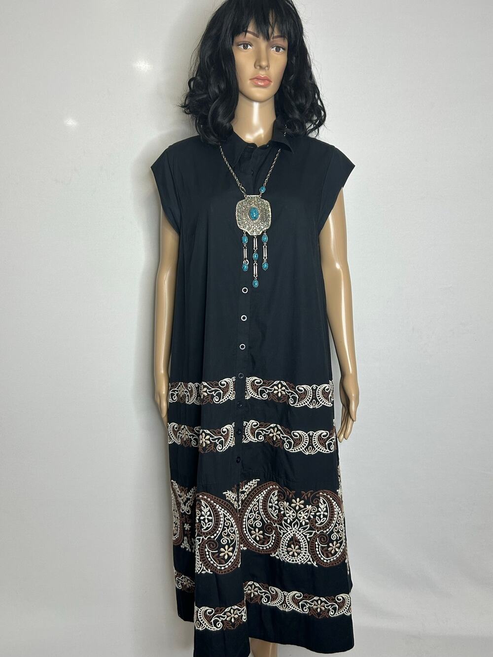 Anthropologie Black Embroidered Paisley Cotton Midi Shirt Dress XL Boho